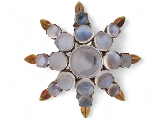 Antique Moonstone Set Starburst Brooch In 14kt yellow Gold