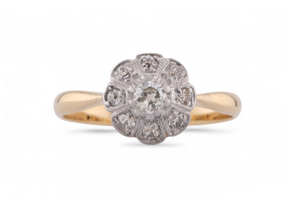 Edwardian Old Mine Cut Diamond Daisy Cluster Ring In Platinum And 18kt Yellow Gold