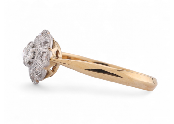 Edwardian Old Mine Cut Diamond Daisy Cluster Ring In Platinum And 18kt Yellow Gold