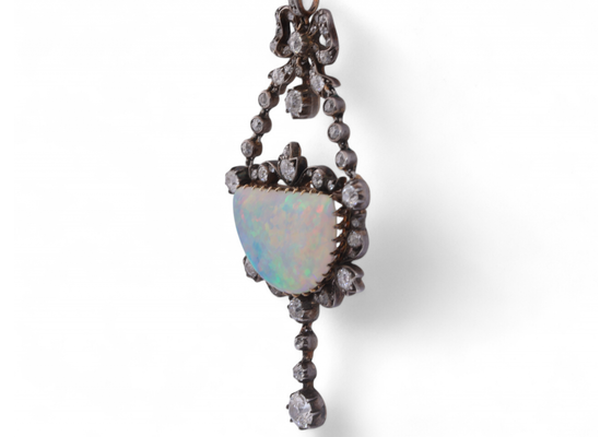 Antique Silver Set Opal And Diamond Necklace On Gold