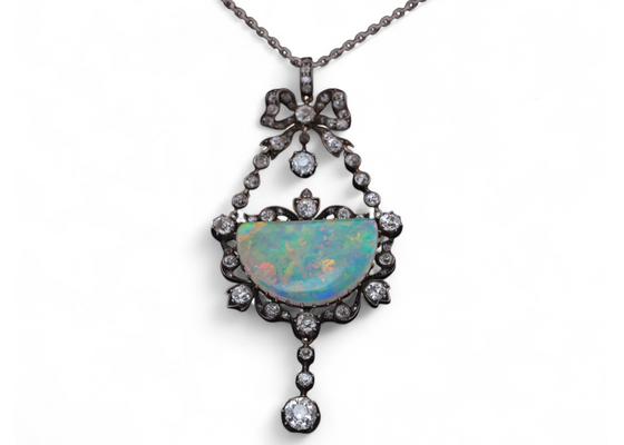 Antique Silver Set Opal And Diamond Necklace On Gold