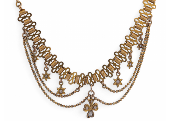Fine Edwardian Diamond And Seed Pearl Three-Leaf Clover Necklace In 9kt yellow GoldFine Edwardian Diamond And Seed Pearl Three-Leaf Clover Necklace In 9kt yellow Gold