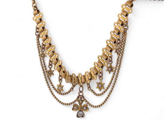Fine Edwardian Diamond And Seed Pearl Three-Leaf Clover Necklace In 9kt yellow Gold