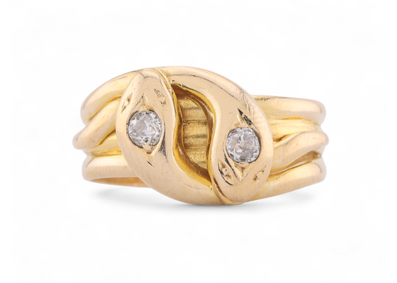 Edwardian Double Headed Diamond Set Snake Ring In 18kt Yellow Gold