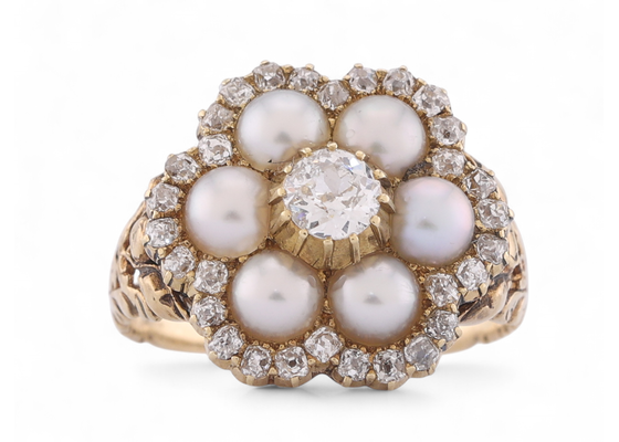 Victorian Pearl and Diamond Floral Cluster Ring In 18kt Yellow Gold