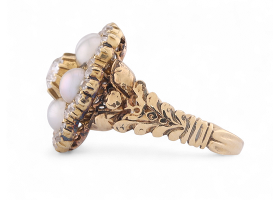 Victorian Pearl and Diamond Floral Cluster Ring In 18kt Yellow Gold