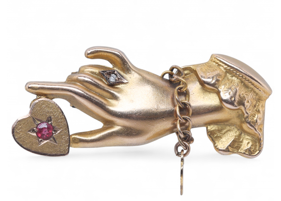 Edwardian Diamond And Garnet Heart In Hand Brooch In 9kt Yellow Gold