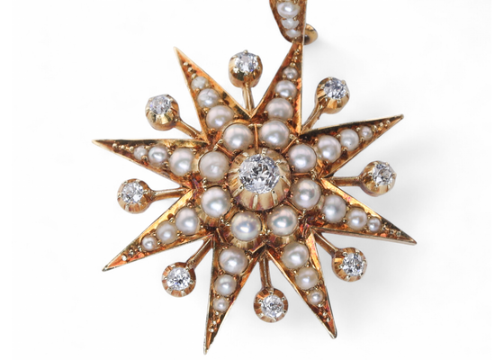 Edwardian Old Mine Cut Diamond And Pearl Starburst Pendant In 15kt Yellow Gold
