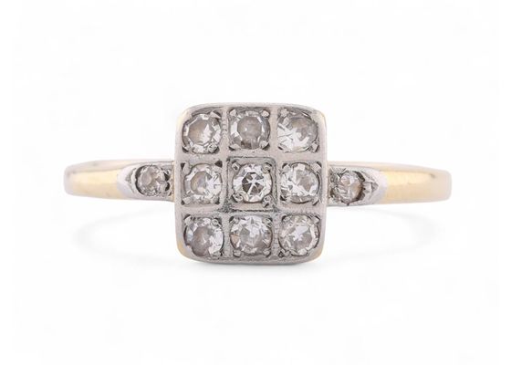 Early Art Deco Diamond Set Square Panel Ring In 18kt Yellow Gold And Platinum