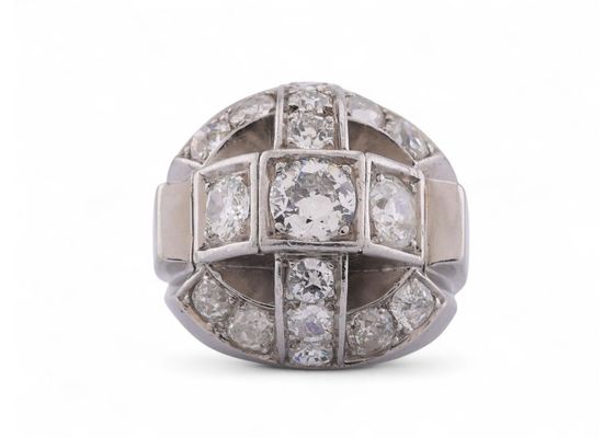 Retro Old Cut Diamond Set Bombe Ring In Platinum
