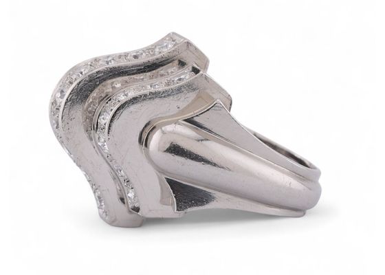 Retro Old Cut Diamond Set Tiered Bombe Ring In Platinum