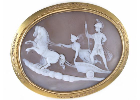 19th century cameo brooch with finely carved classical chariot scene,