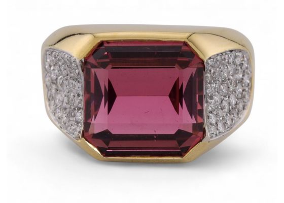 Vintage Rubellite And Diamond Cocktail Ring In 18kt Yellow Gold