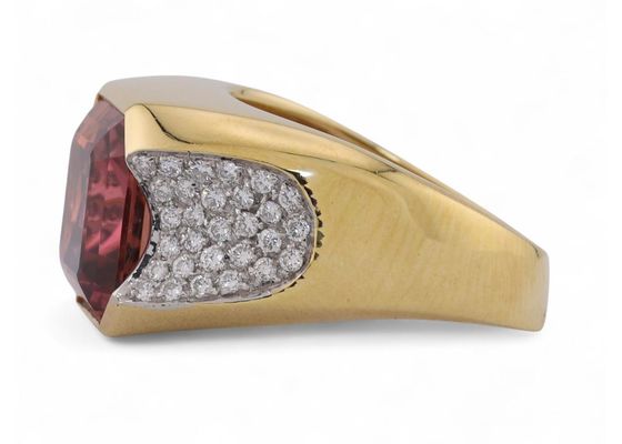 Vintage Rubellite And Diamond Cocktail Ring In 18kt Yellow Gold