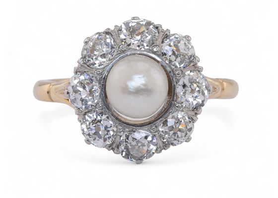 Antique Style Pearl And Old Mine Cut Diamond Coronet Cluster Ring In Platinum And 18kt Yellow Gold
