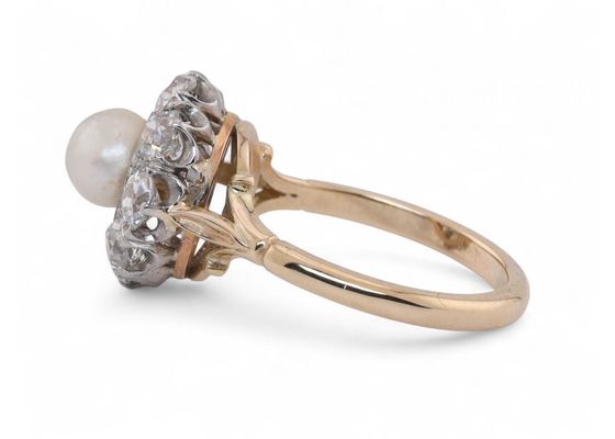 Antique Style Pearl And Old Mine Cut Diamond Coronet Cluster Ring In Platinum And 18kt Yellow Gold