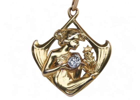 Art Nouveau Diamond Set Pendant Of A Woman In 18kt Yellow Gold By Masriera