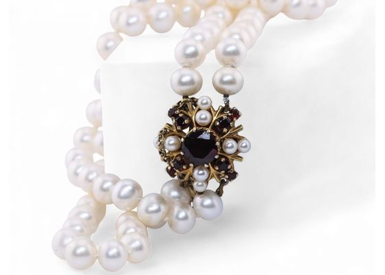 Double Row Pearl Necklace with Garnet and Pearl Clasp