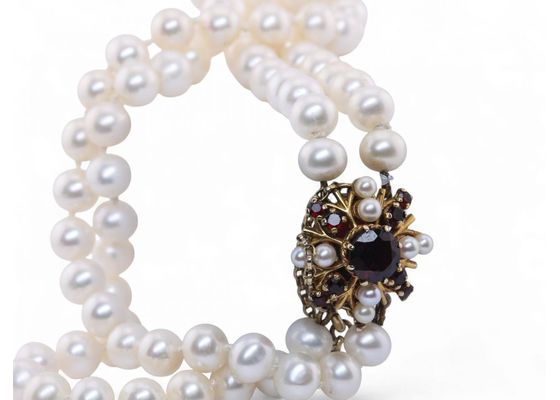 Double Row Pearl Necklace with Garnet and Pearl Clasp
