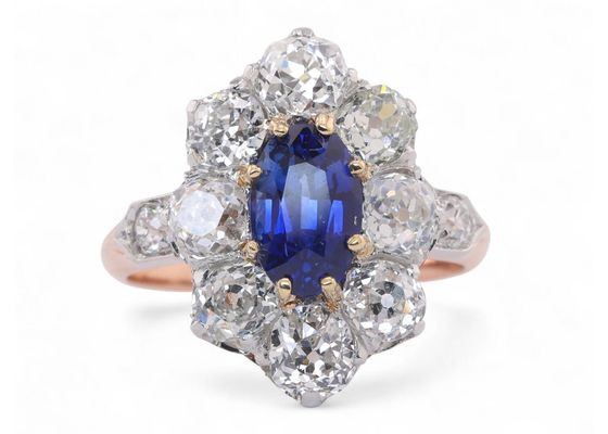 Belle Epoque Sapphire And Old Mine Cut Diamond Cluster Ring In 18kt Yellow Gold And Platinum
