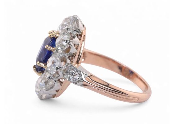 Belle Epoque Sapphire And Old Mine Cut Diamond Cluster Ring In 18kt Yellow Gold And Platinum
