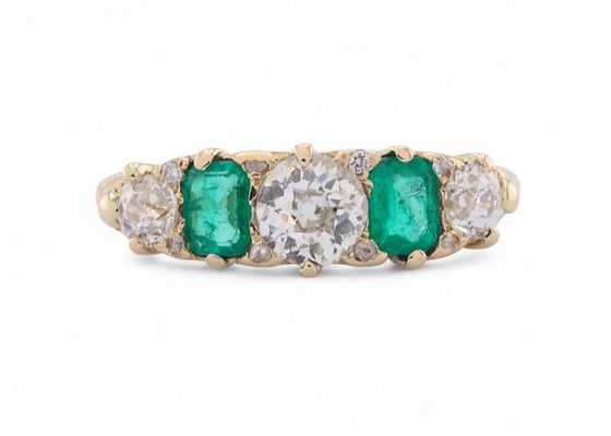 Emerald and diamond five stone ring