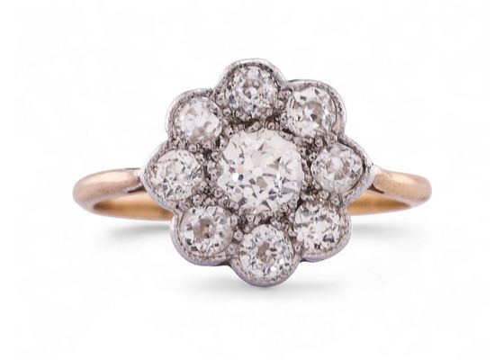 Edwardian Style Old Mine Diamond Daisy Cluster Ring In 18kt Gold And Platinum