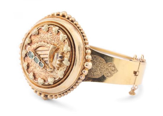 Victorian Emerald Set Irish Harp Bangle in 15kt Yellow GoldVictorian Emerald Set Irish Harp Bangle in 15kt Yellow Gold