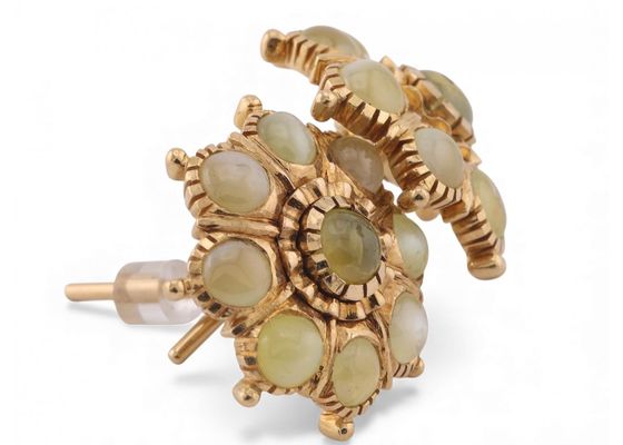 Vintage 9k gold earrings set with round chrysoberyl cabochons