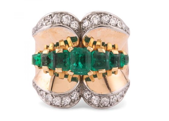 1950s seven stone emerald and diamond fluted cocktail ring in 18kt yellow gold