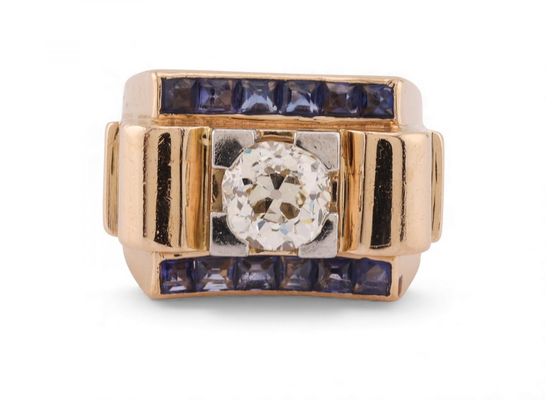 Retro old mine diamond and sapphire tank ring in 18kt yellow gold and platinum