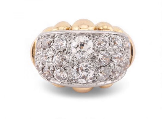 French 1950s Diamond Set Bombe Ring in Fluted 18kt Yellow Gold And Platinum