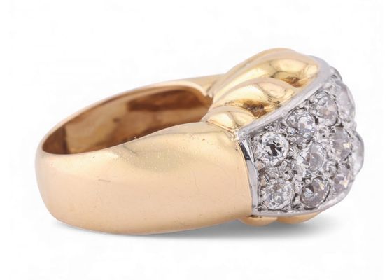 French 1950s Diamond Set Bombe Ring in Fluted 18kt Yellow Gold And Platinum