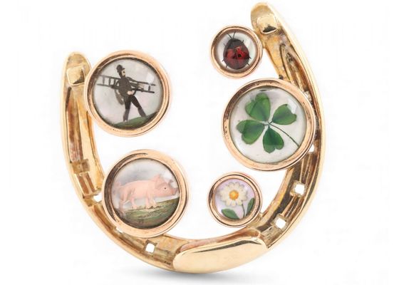 Antique Austrian Essex Crystal Set Multi-Lucky Charm Brooch in 14kt Yellow Gold