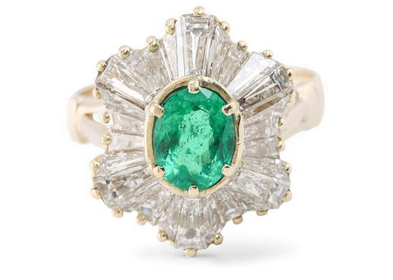 Vintage Ballerina Emerald And Diamond Cocktail Ring In Yellow Gold