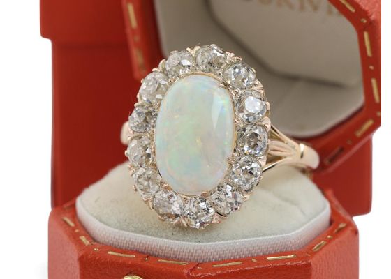 Antique Opal and Diamond Cluster Ring in 18kt Gold