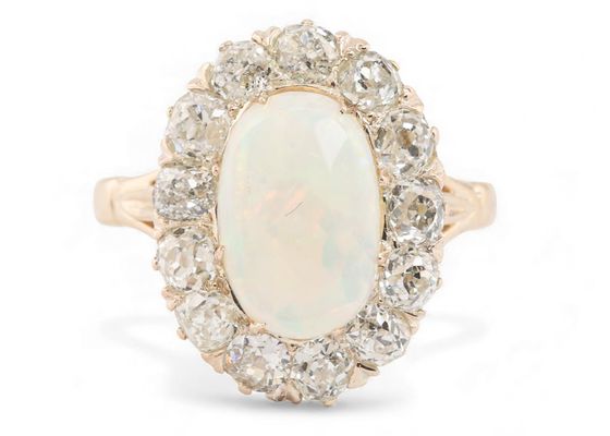 Antique Opal and Diamond Cluster Ring in 18kt Gold