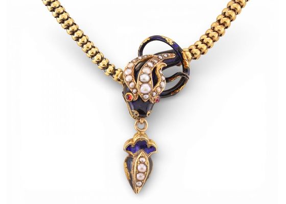 Victorian enamel and seed pearl serpent necklace
