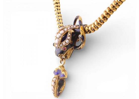 Victorian enamel and seed pearl serpent necklaceVictorian enamel and seed pearl serpent necklaceVictorian enamel and seed pearl serpent necklace