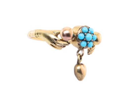Antique Turquoise Cluster And Heart Ring Clasped In 18kt Yellow Gold Hands