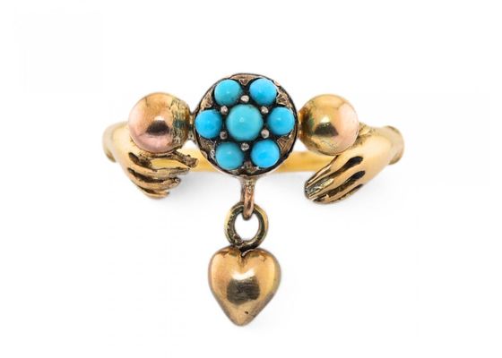 Antique Turquoise Cluster And Heart Ring Clasped In 18kt Yellow Gold Hands