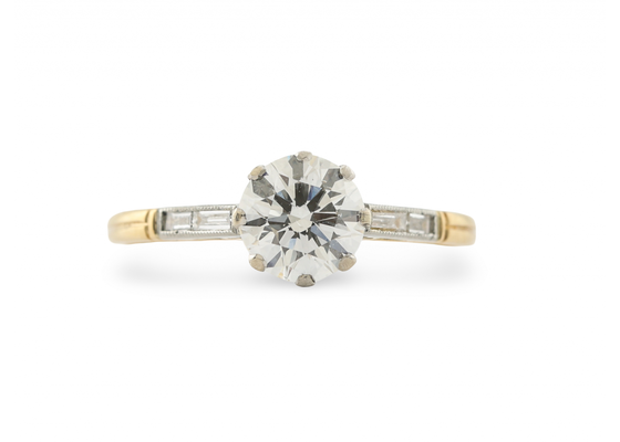 18ct Gold and Platinum Diamond Solitaire Ring with Baguette Shoulders