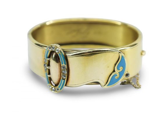Victorian Gold, Enamel and Diamond Buckle Bangle