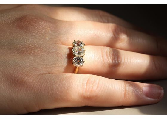 Three Stone Old Cushion Cut Diamond Ring