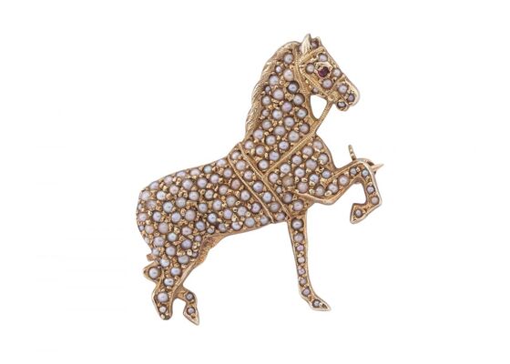 American Art deco Gold Equestrian seed pearl and ruby brooch
