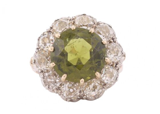 Edwardian Peridot and Old European Cut Diamond Cluster Dress Ring