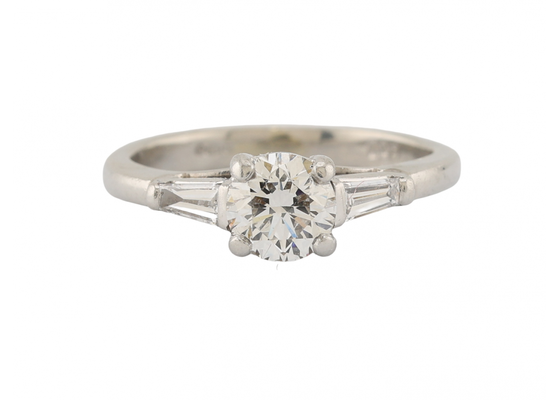 Platinum Diamond Solitaire Ring with Baguette Shoulders