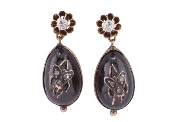Victorian Garnet Cabochon Drop Earrings with Fly Motif
