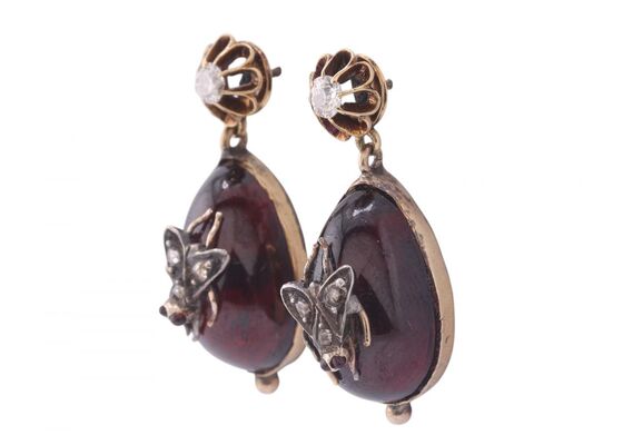 VICTORIAN ALMANDINE GARNET AND DIAMOND DROP EARRINGS, CIRCA 1880.