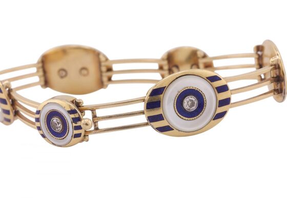 RETRO BLUE ENAMEL, MOTHER OF PEARL AND DIAMOND BRACELET